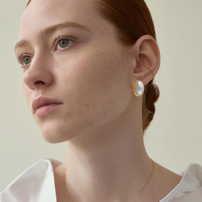 Mytys Pearl Stud Earrings, 14K Gold plated Large Pearl Earrings Gold Stud Earrings Handpicked Freshwater Cultured Hypoallergenic Jewelry Gifts for Her - AAA+ Quality - Image 2