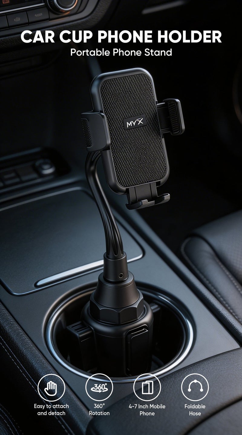 MYX CupSpin Car Cup Phone Holder | Universal 360° Adjustable Mount for 4-7" Phones | Foldable & Portable - Image 5