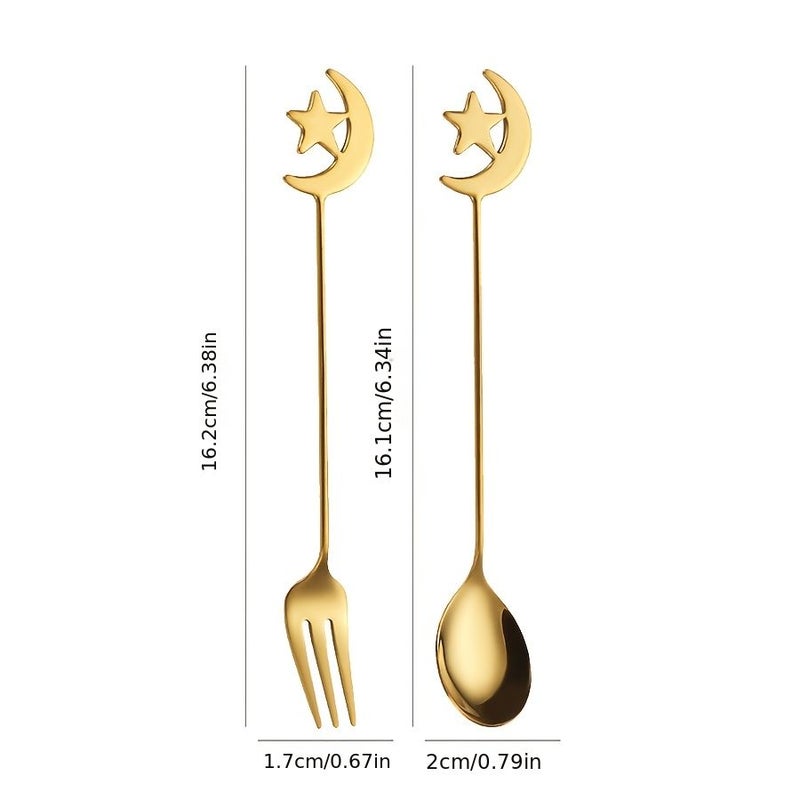 طقم ملاعق وشوك من الفولاذ المقاوم للصدأ مكون من 6 قطع بنجمة وهلال ذهبي، مخصص للحلويات الرمضانية الشرق أوسطية، الآيس كريم، الفواكه، الشاي، القهوة، وأدوات الخلط، مناسب للمنزل وعيد الحب - Image 3