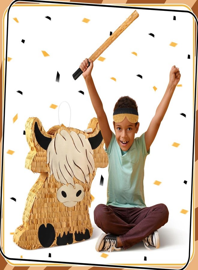 Sratte Cute Highland Cow Piñata Party Supplies Piñata with Blindfold Bat Confetti Highland Cow Decorations for Theme Birthday Party Supplies, 15.75 x 14.37 x 2.76 Inch - Image 4