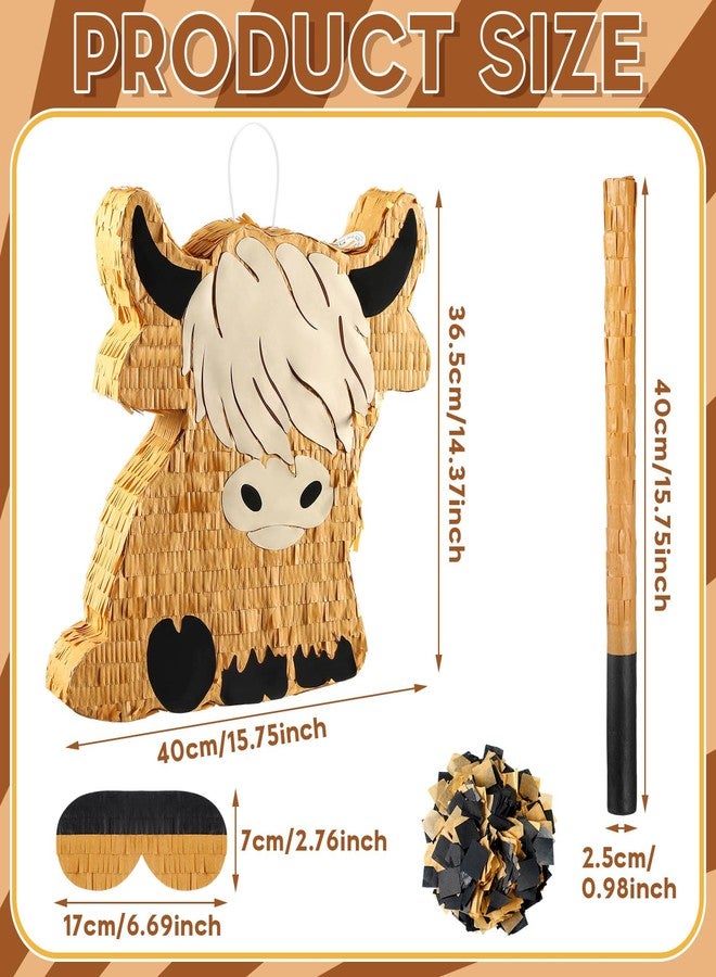 Sratte Cute Highland Cow Piñata Party Supplies Piñata with Blindfold Bat Confetti Highland Cow Decorations for Theme Birthday Party Supplies, 15.75 x 14.37 x 2.76 Inch - Image 3