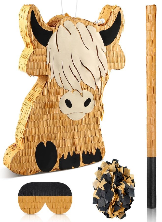 Sratte Cute Highland Cow Piñata Party Supplies Piñata with Blindfold Bat Confetti Highland Cow Decorations for Theme Birthday Party Supplies, 15.75 x 14.37 x 2.76 Inch - Image 1