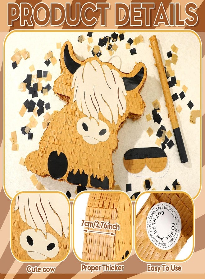 Sratte Cute Highland Cow Piñata Party Supplies Piñata with Blindfold Bat Confetti Highland Cow Decorations for Theme Birthday Party Supplies, 15.75 x 14.37 x 2.76 Inch - Image 5
