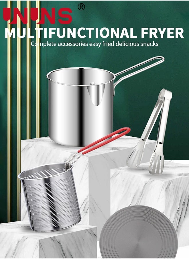 UNUNS Deep Fryer Pot,1.2L 304 Stainless Steel Japanese Style Fryer Pan With Oil Filter Mesh,Lid And Clip,Non Stick Fryer Uniform Heating For General Purpose Gas Stove,4PCS  - Image 2