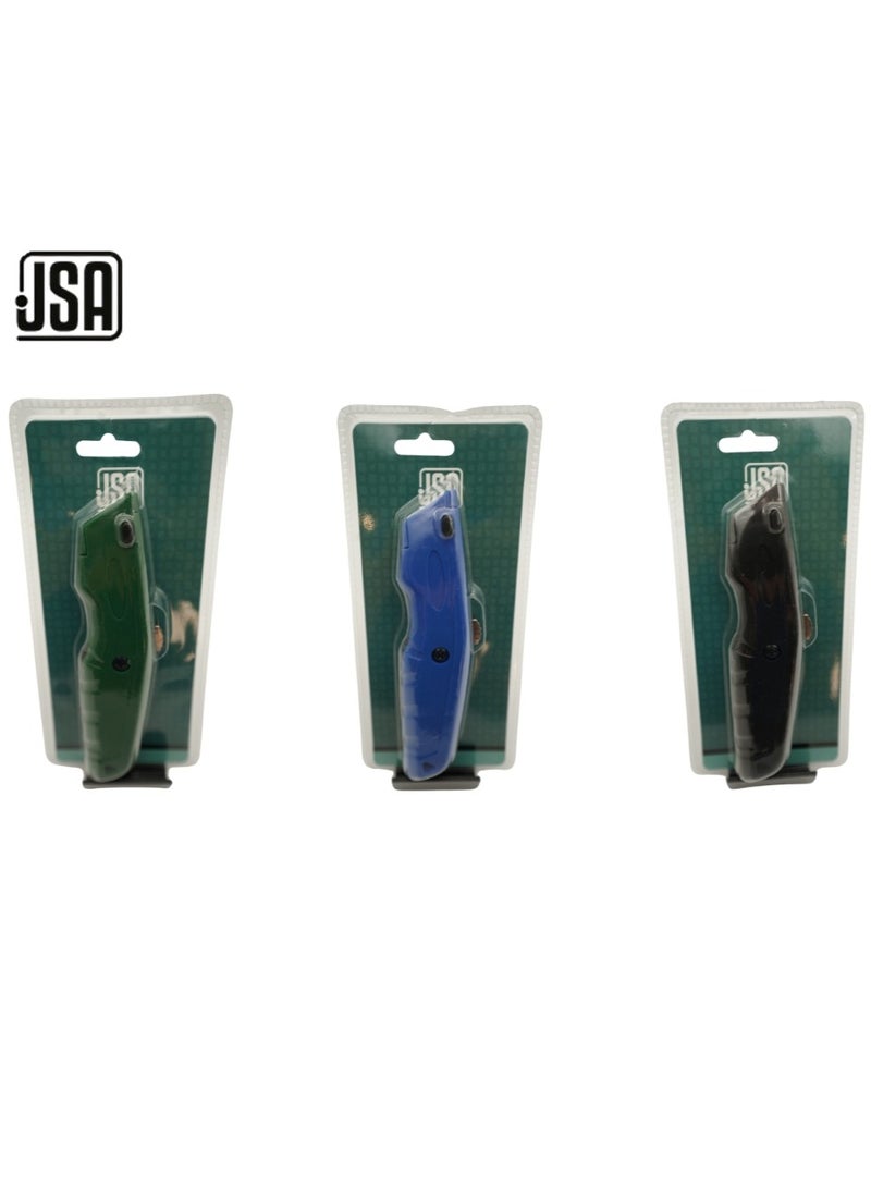 The JSA Utility Knife Multi color comes with 4 extra blades, delivering high performance and flexibility for all cutting tasks. With a practical and safe design, it ensures precision and durability for workshops, crafts, office, or home us