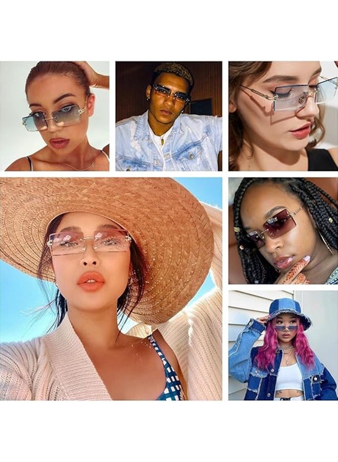 Trendy Rimless Vintage Rectangular Sunglasses, Frameless Square Glasses Block the Sun, Metal Frame Gradient Color Stylish Eyewear for Women and Men