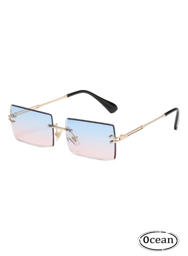 Trendy Rimless Vintage Rectangular Sunglasses, Frameless Square Glasses Block the Sun, Metal Frame Gradient Color Stylish Eyewear for Women and Men