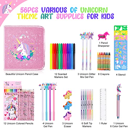 MAIGOZON Fruit Scented Markers Set 56Pcs with Glitter Unicorn Pencil Case StationeryArt Supplies for Kids Ages 468 Art Coloring Kits BoxGifts Toy for Girls Age 57PencilCrayon Drawing Stuff - Image 5
