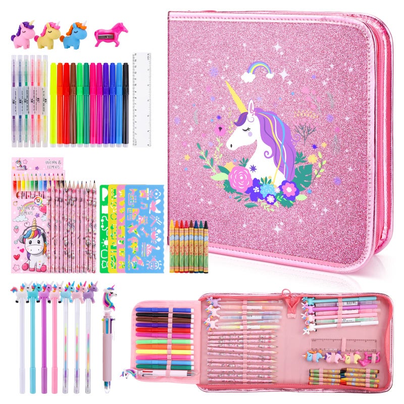 MAIGOZON Fruit Scented Markers Set 56Pcs with Glitter Unicorn Pencil Case StationeryArt Supplies for Kids Ages 468 Art Coloring Kits BoxGifts Toy for Girls Age 57PencilCrayon Drawing Stuff - Image 2
