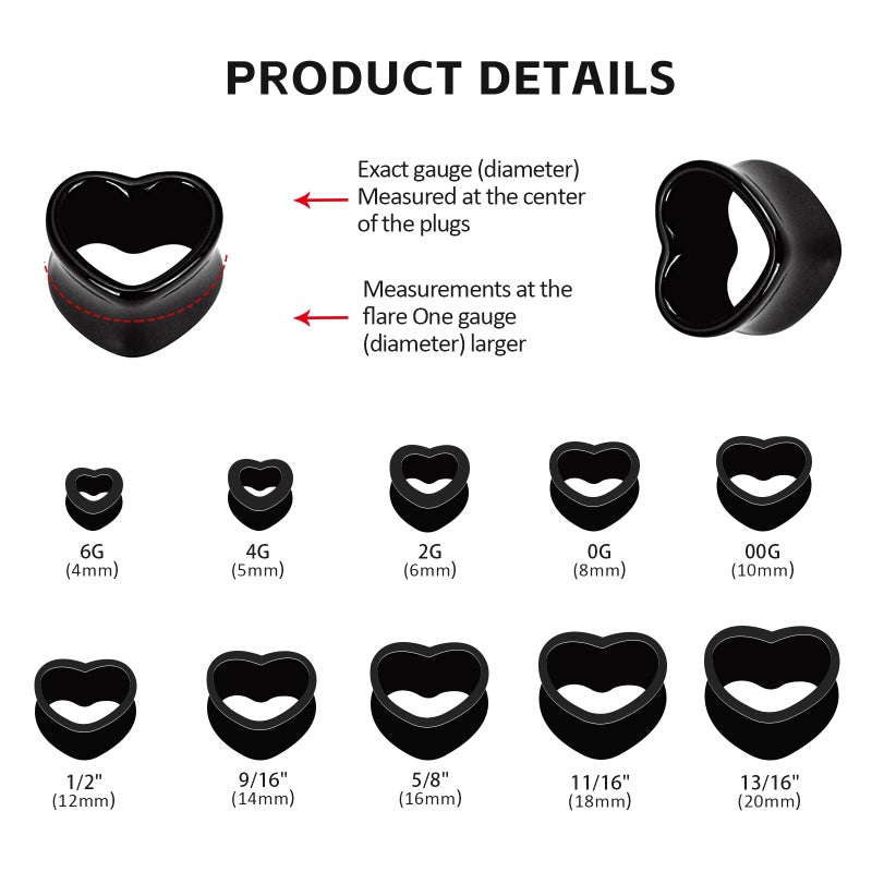 Qmcandy 6 Pairs Acrylic Heart Shape Ear Tunnels Plugs Colorful Gauges for Ears 0g - Image 3