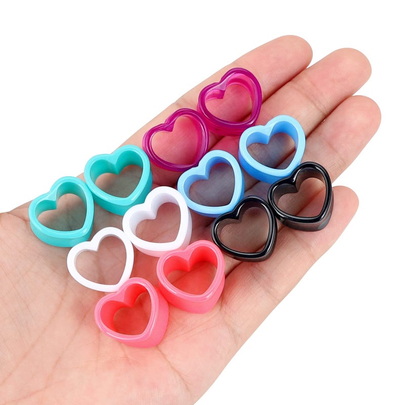 Qmcandy 6 Pairs Acrylic Heart Shape Ear Tunnels Plugs Colorful Gauges for Ears 0g - Image 2