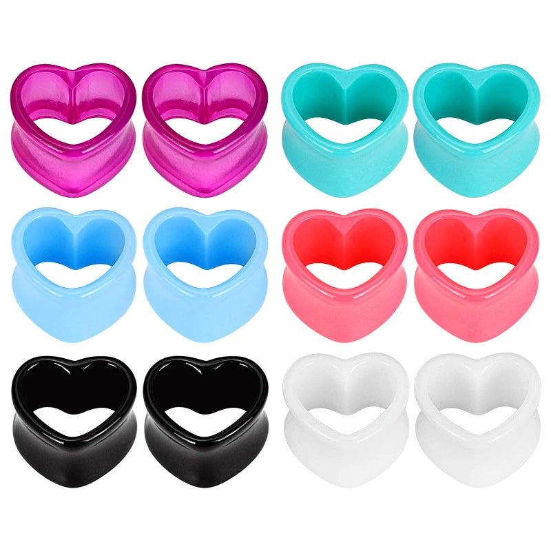 Qmcandy 6 Pairs Acrylic Heart Shape Ear Tunnels Plugs Colorful Gauges for Ears 0g - Image 1