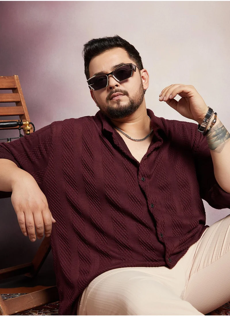 انستافاب بلس Instafab Plus Men's Burgundy Red Scale-Tactile Shirt For Casual Wear | Spread Collar | Long Cuffed Sleeves | Button Closure | Plus Size Shirt Crafted With Comfort Fit For Everyday Wear