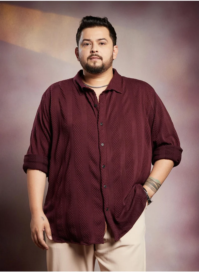 انستافاب بلس Instafab Plus Men's Burgundy Red Scale-Tactile Shirt For Casual Wear | Spread Collar | Long Cuffed Sleeves | Button Closure | Plus Size Shirt Crafted With Comfort Fit For Everyday Wear