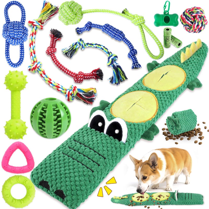 MRSOHRET 15 Pack Puppy Chew Toys for Teething, No Stuffing Squeaky Dog Toys Interactive Puzzle Toy, Dog Enrichment Toy Bundle with Tough Ropes, Treat Balls for Small Medium Large Dog to Keep Them Busy - Image 1