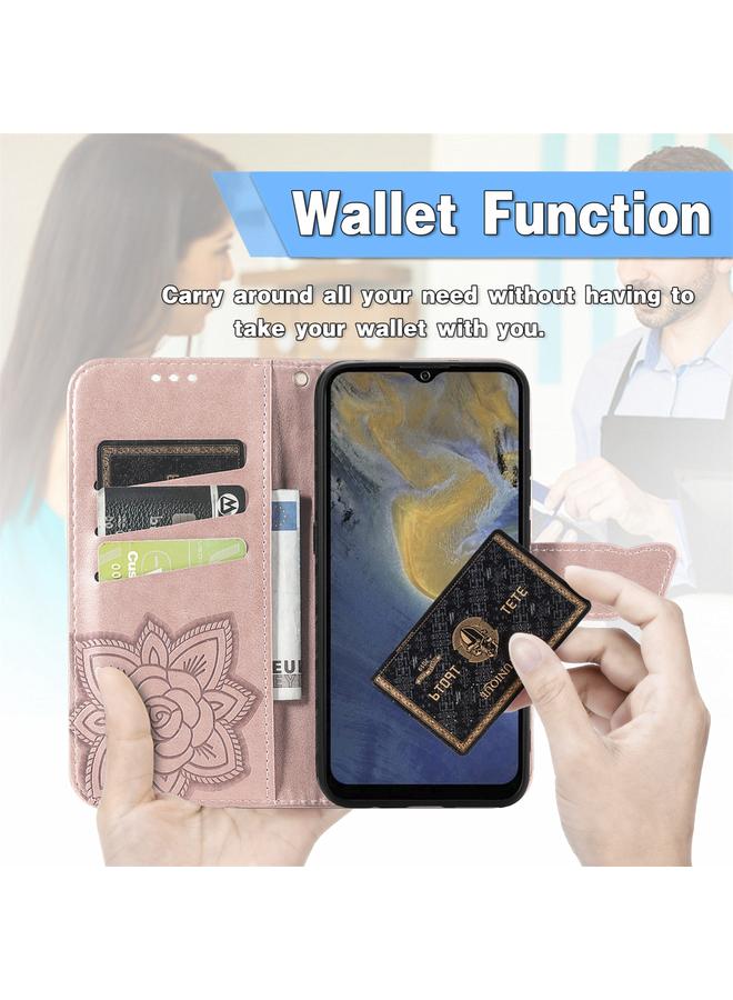 اس-توب جراب جلدي أفقي قابل للطي منقوش عليه زهور حب الفراشات مع حامل وفتحات للبطاقات ومحفظة وحبل لهاتف ZTE Blade A51 - Image 5