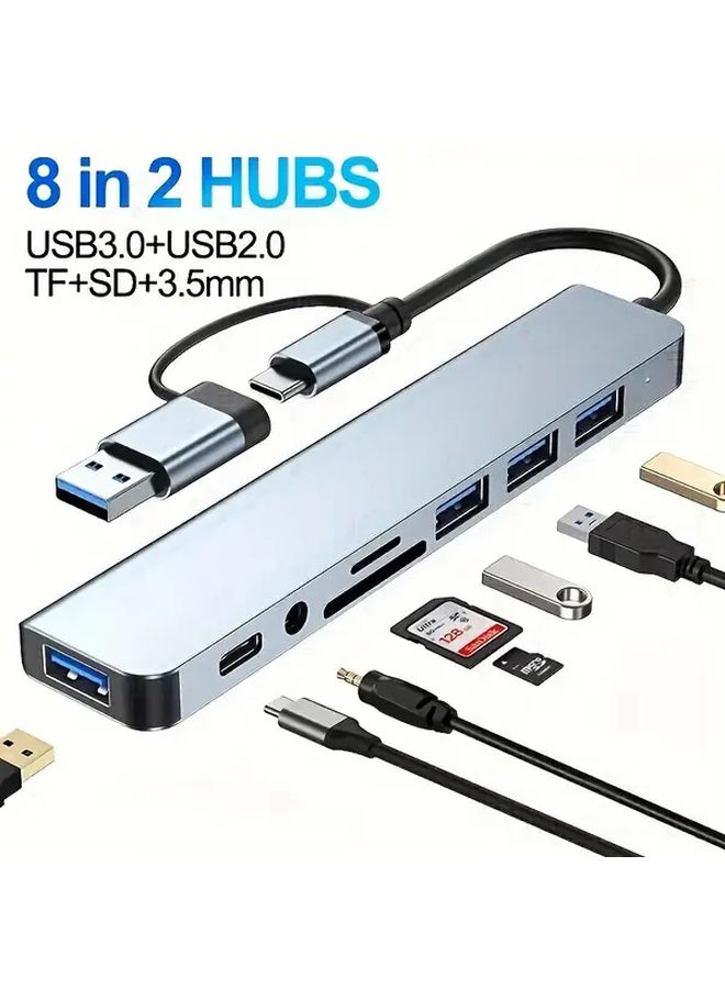 8 في 1 محور USB مع قارئ بطاقة SD TF ومقبس صوتي ومحطة إرساء 4 منافذ USB-C لتقاسم الطاقة - Image 1