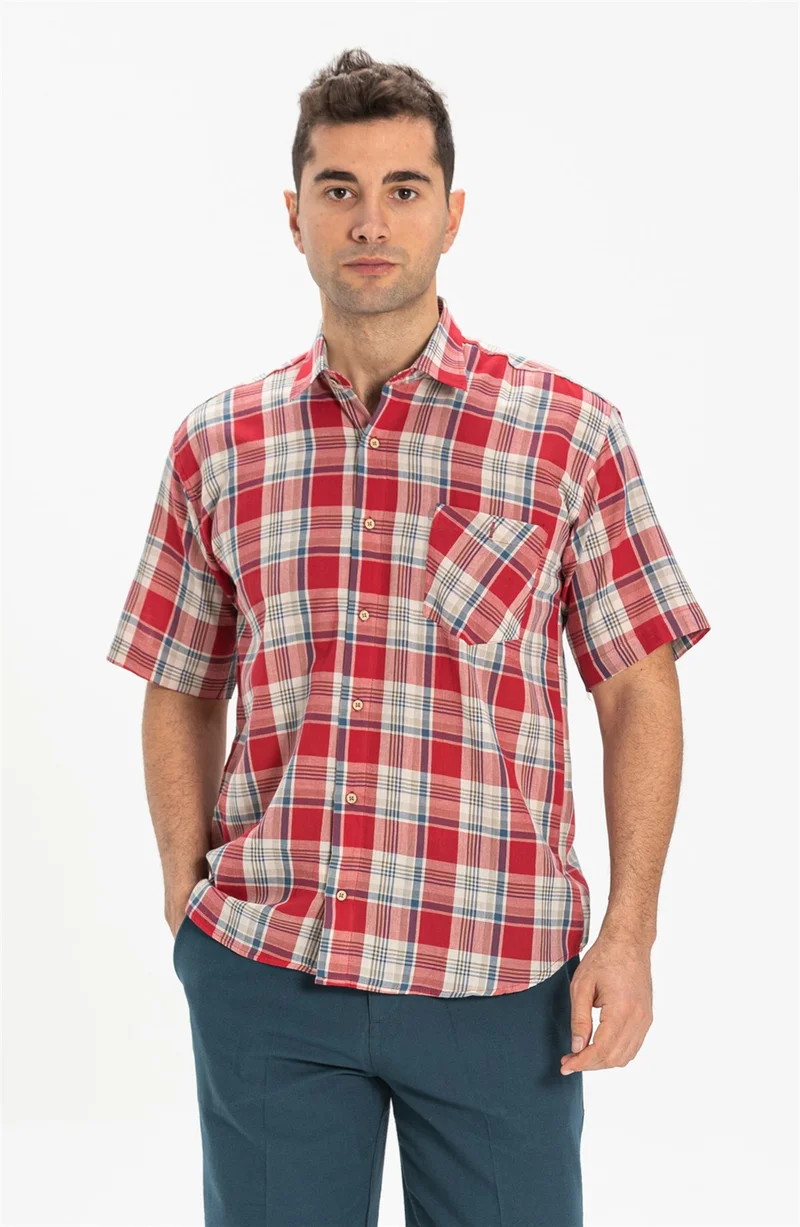 Eliş Şile Bezi Short Sleeve Şile Cloth Single Pocket Men's Shirt Red Navy Blue Plaid 3057