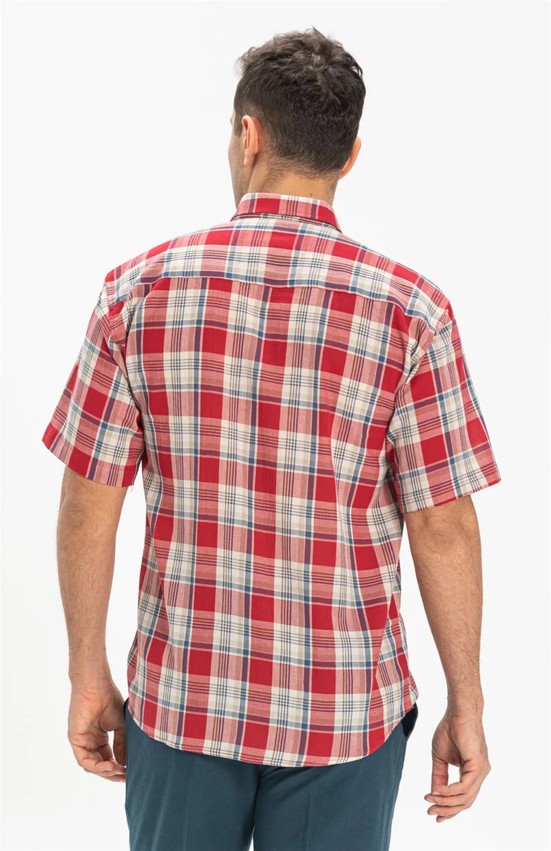 Eliş Şile Bezi Short Sleeve Şile Cloth Single Pocket Men's Shirt Red Navy Blue Plaid 3057