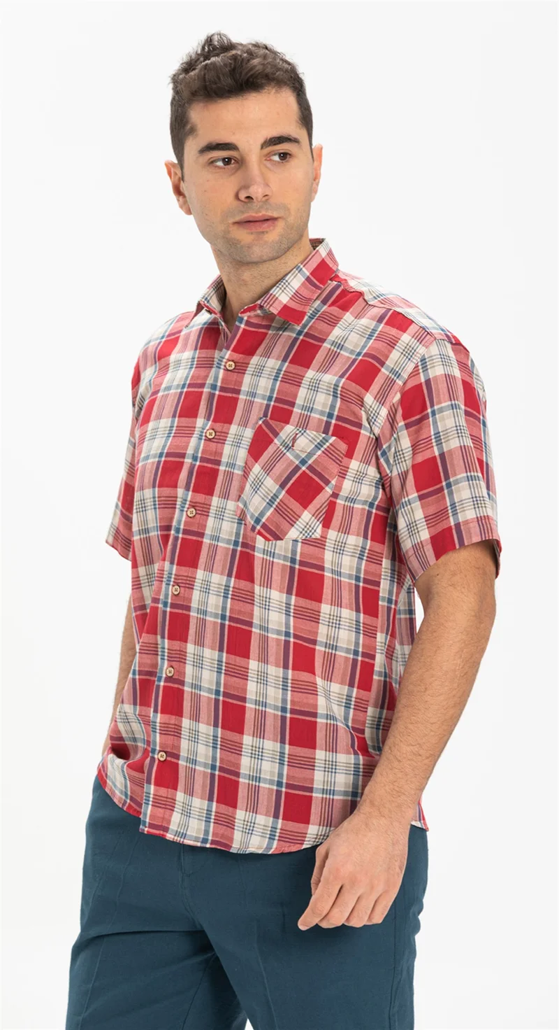 Eliş Şile Bezi Short Sleeve Şile Cloth Single Pocket Men's Shirt Red Navy Blue Plaid 3057