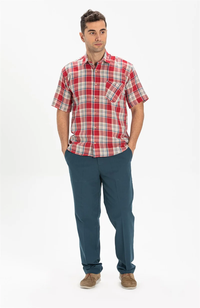 Eliş Şile Bezi Short Sleeve Şile Cloth Single Pocket Men's Shirt Red Navy Blue Plaid 3057