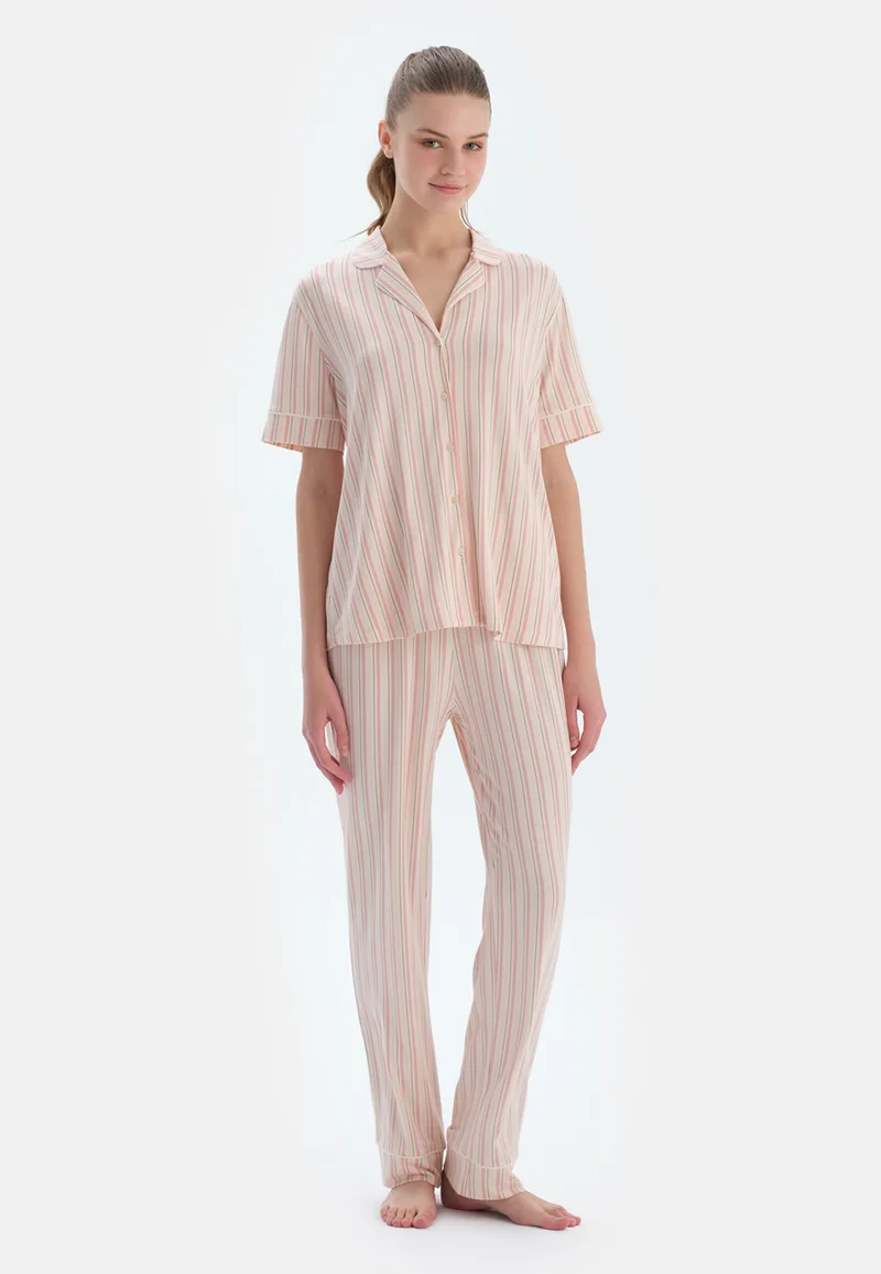 dagi  Striped Regular/Classic Fit Shirt & Trousers Pajama Sets Spread Collar Cotton Blend Sleepwear for Women | Best Price UAE