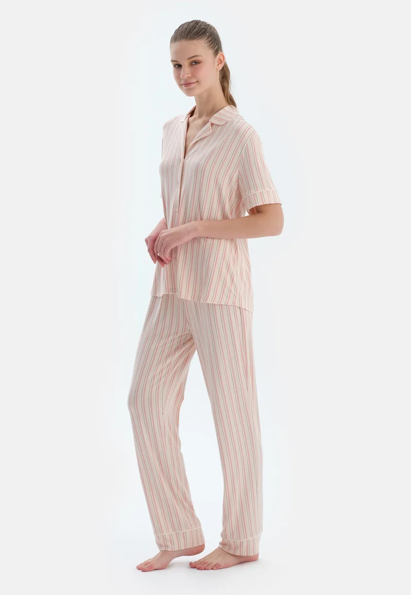 dagi  Striped Regular/Classic Fit Shirt & Trousers Pajama Sets Spread Collar Cotton Blend Sleepwear for Women | Best Price UAE