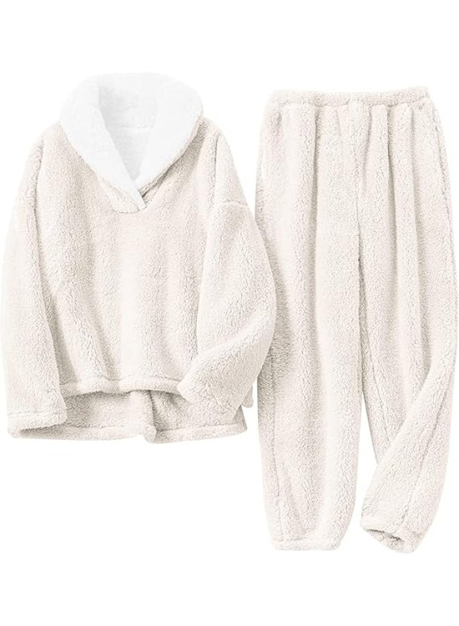 SKT Shiketro Women's Fleece Pajamas Sets Fluffy Sleepwear Warm Sherpa Pullover Pants with Pockets - Image 1