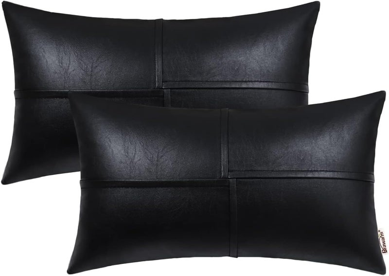 BRAWARM Faux Leather Throw Pillow Covers 12 X 20 Inches, Black Leather Lumbar Pillow Covers Pack of 2, Hand Stitched Leather Decorative Throw Pillows for Couch Sofa Bed Living Room Home Garden - Image 1