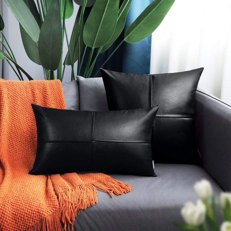BRAWARM Faux Leather Throw Pillow Covers 12 X 20 Inches, Black Leather Lumbar Pillow Covers Pack of 2, Hand Stitched Leather Decorative Throw Pillows for Couch Sofa Bed Living Room Home Garden - Image 3