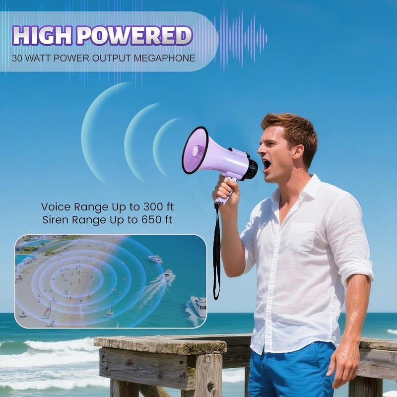 Loudmore 30 Watt Power Portable Megaphone Bullhorn Speaker Voice, Siren/Alarm and 240S Recording with Volume Control and Strap (Purple) - Image 4