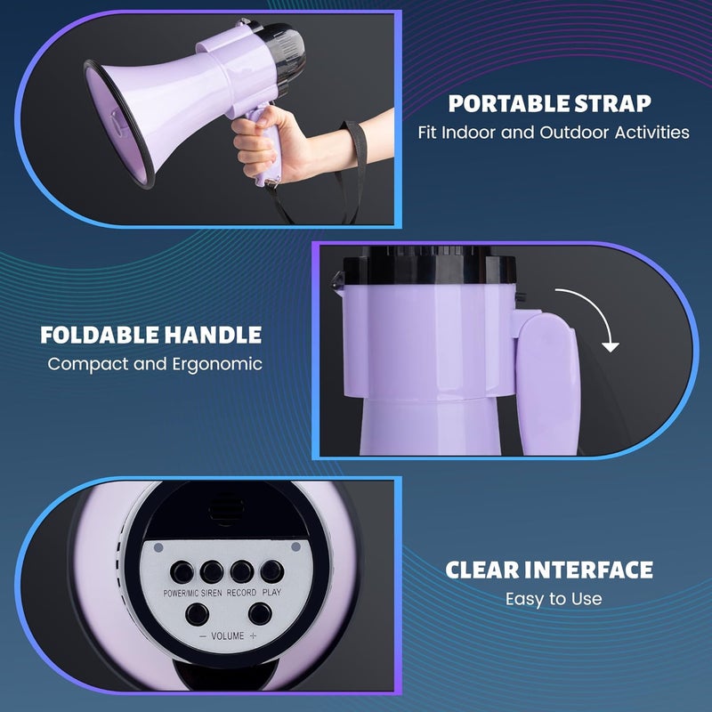 Loudmore 30 Watt Power Portable Megaphone Bullhorn Speaker Voice, Siren/Alarm and 240S Recording with Volume Control and Strap (Purple) - Image 3