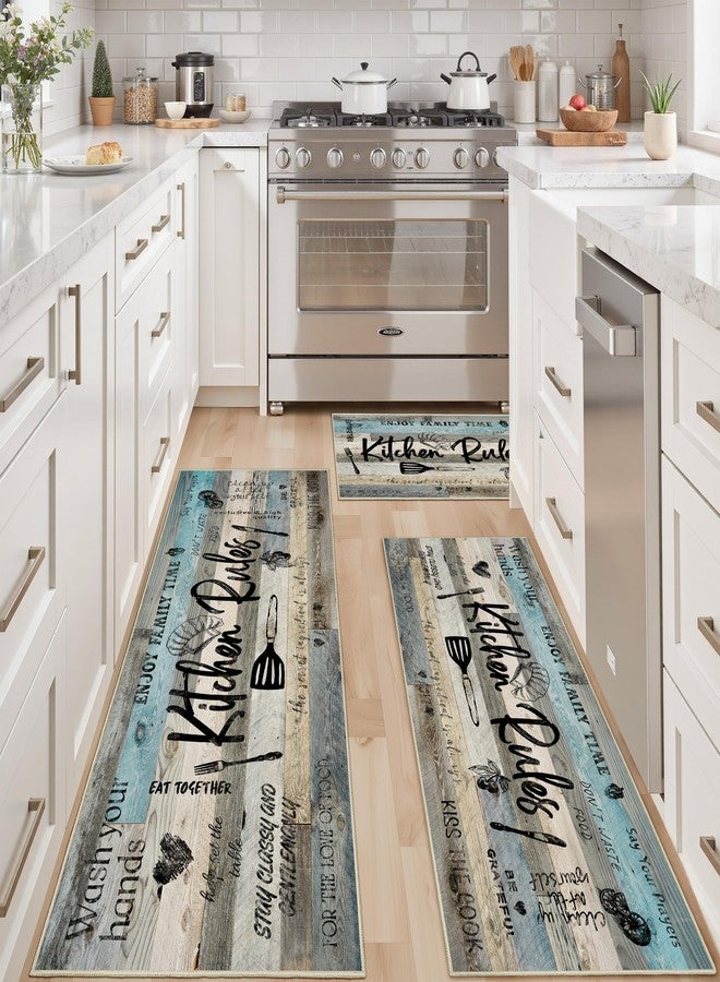 Tritard 100% Non Slip 3 Piece Kitchen Rugs Set with Runner, Farmhouse Washable Kitchen Mats for Floor, Ultra Soft Kitchen Floor Mats Carpet Runner Rugs for Sink, Entryway, Laundry Room, Teal Gray - Image 1