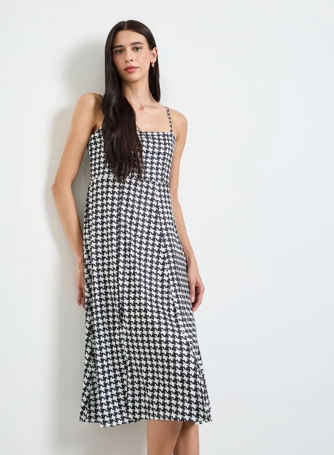 ستايلي Black Houndstooth Pattern A-Line Midi Dress