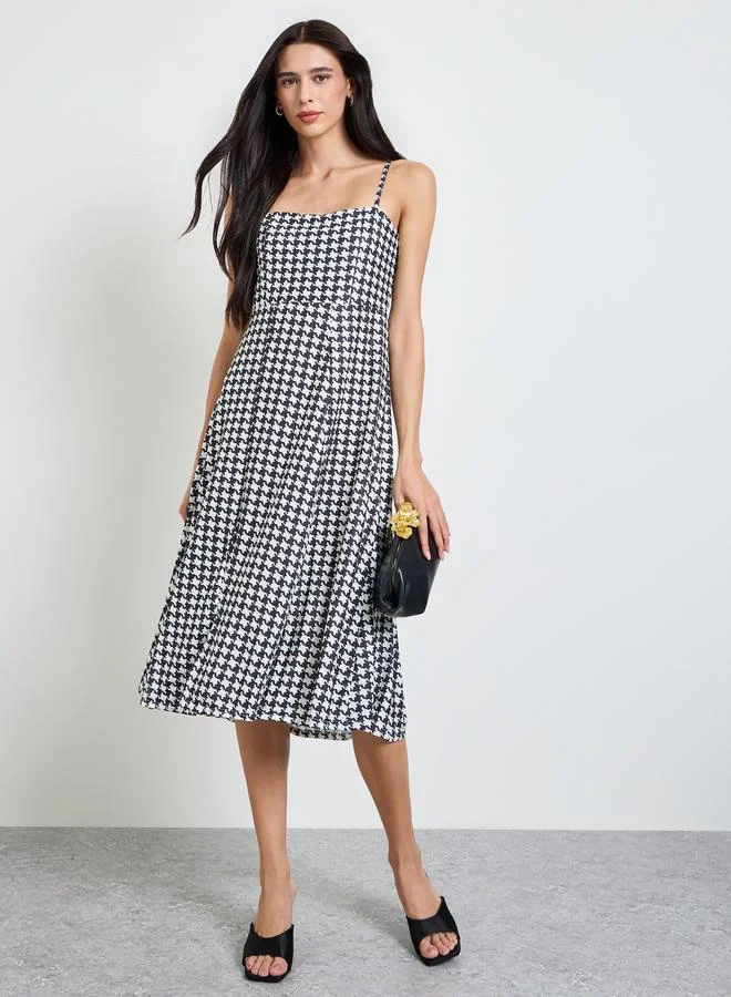 ستايلي Black Houndstooth Pattern A-Line Midi Dress