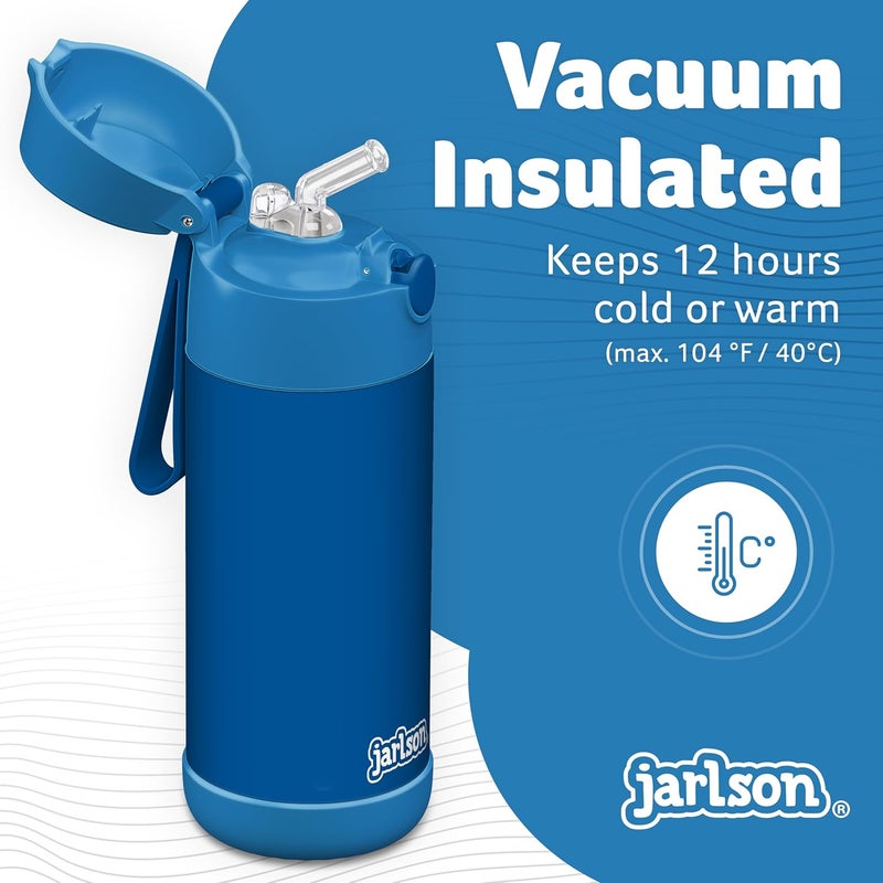 Jarlson قارورة مياه أطفال جارلسون® شا��لي [12 أونصة] - قارورة ترمس فولاذية مقاومة للصدأ مع قشة - قارورة مياه معزولة مقاومة للانسكاب للمدرسة والرياضة - كوب ترمس للأولاد والبنات (أزرق) - Image 2