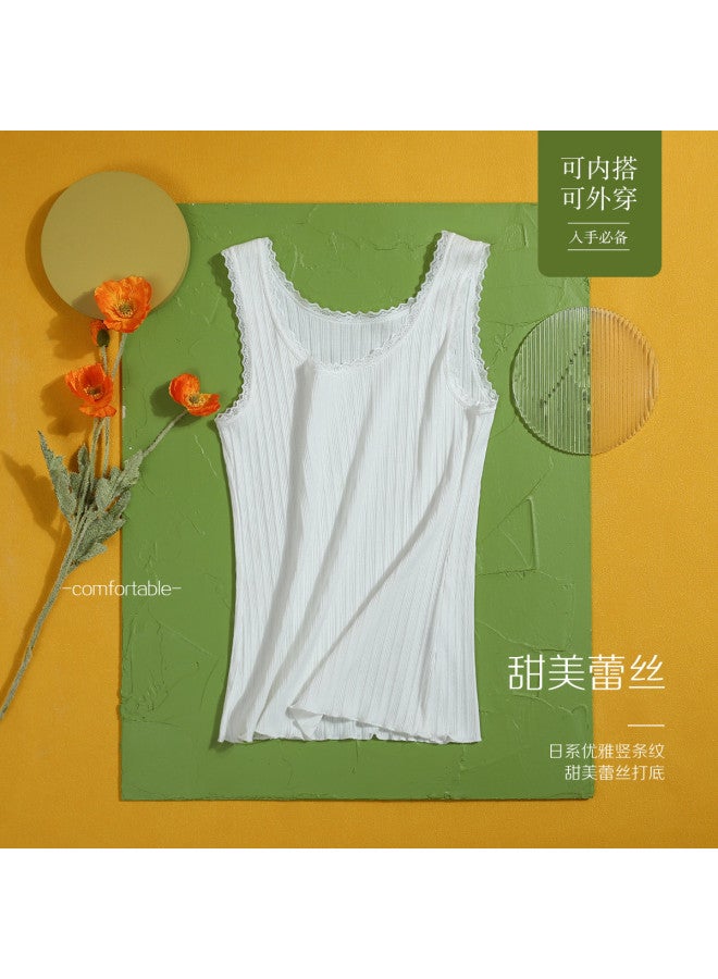 Red Bean Vertical Striped Vest, Women'S Camisole, Breathable Layering Tank, Lace Trim Sleeveless Top, Sports Casual Vest For Women - Image 2