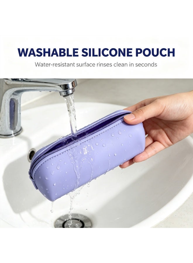 Silicone Zipper Pencil Bag, Waterproof Large-Capacity Storage Pouch for School Supplies & Cosmetics, Purple - Image 5