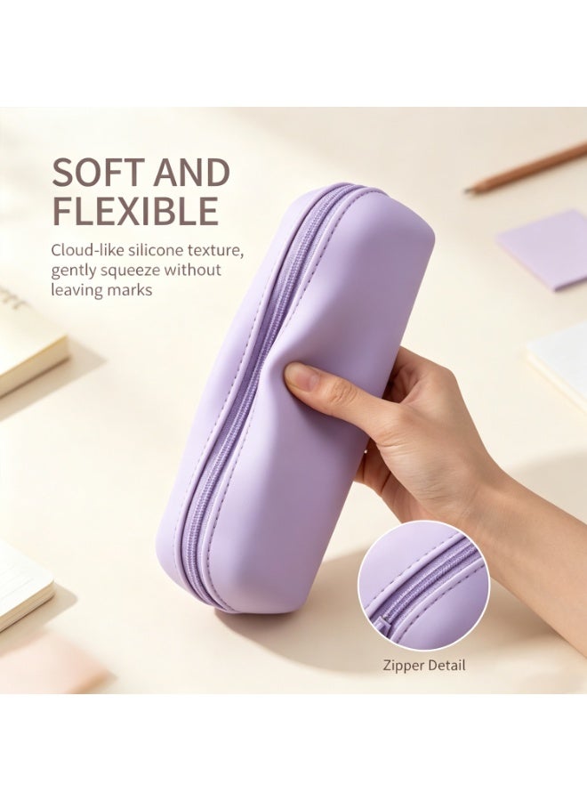 Silicone Zipper Pencil Bag, Waterproof Large-Capacity Storage Pouch for School Supplies & Cosmetics, Purple - Image 2
