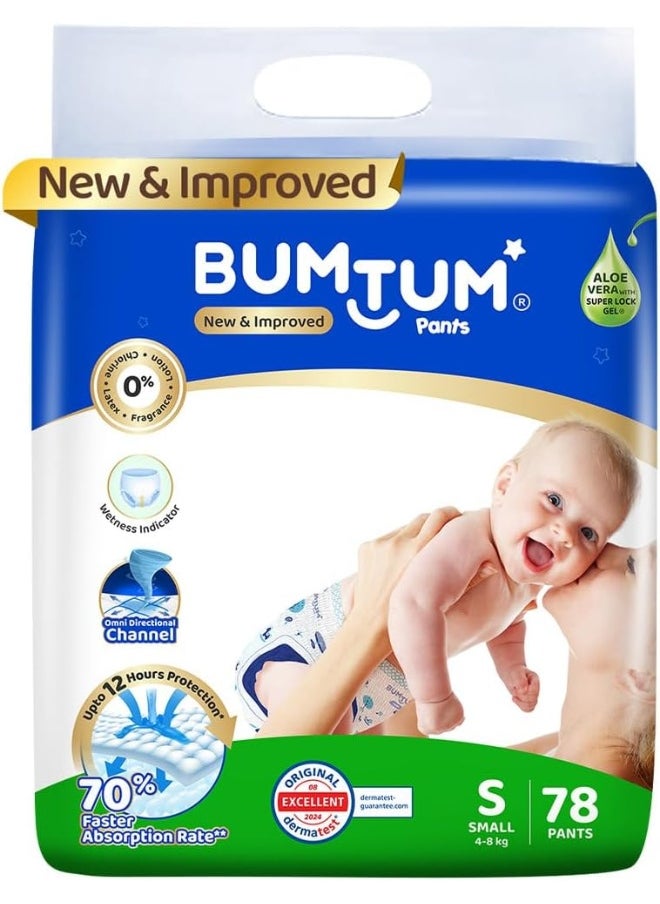 Bumtum Bumtum Baby Diaper Pants, S (Size 2), 4-8 kg, Double Layer Leakage Protection Infused With Aloe Vera, Cottony Soft High Absorb Technology, 78 Diaper  - Image 1