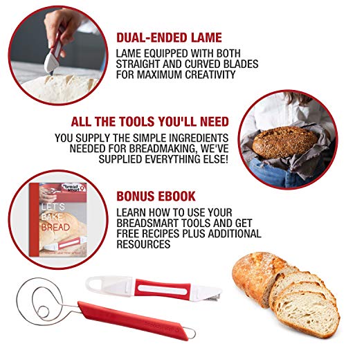 Breadsmart Artisan Bread Making Kit - 5 PC Baking Supplies Set - Lame, Scraper, Whisk, Proofing Basket & Cotton Liner - Red - Image 4