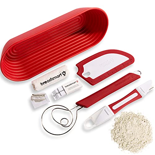 Breadsmart Artisan Bread Making Kit - 5 PC Baking Supplies Set - Lame, Scraper, Whisk, Proofing Basket & Cotton Liner - Red - Image 1