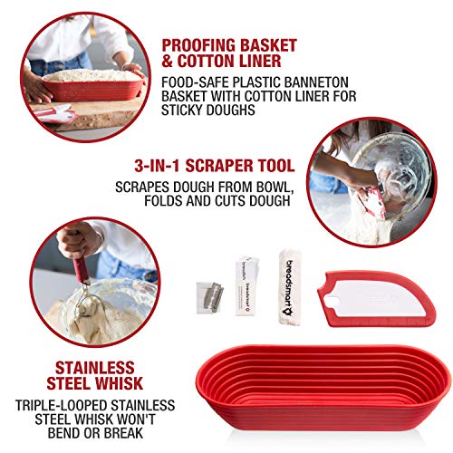 Breadsmart Artisan Bread Making Kit - 5 PC Baking Supplies Set - Lame, Scraper, Whisk, Proofing Basket & Cotton Liner - Red - Image 3