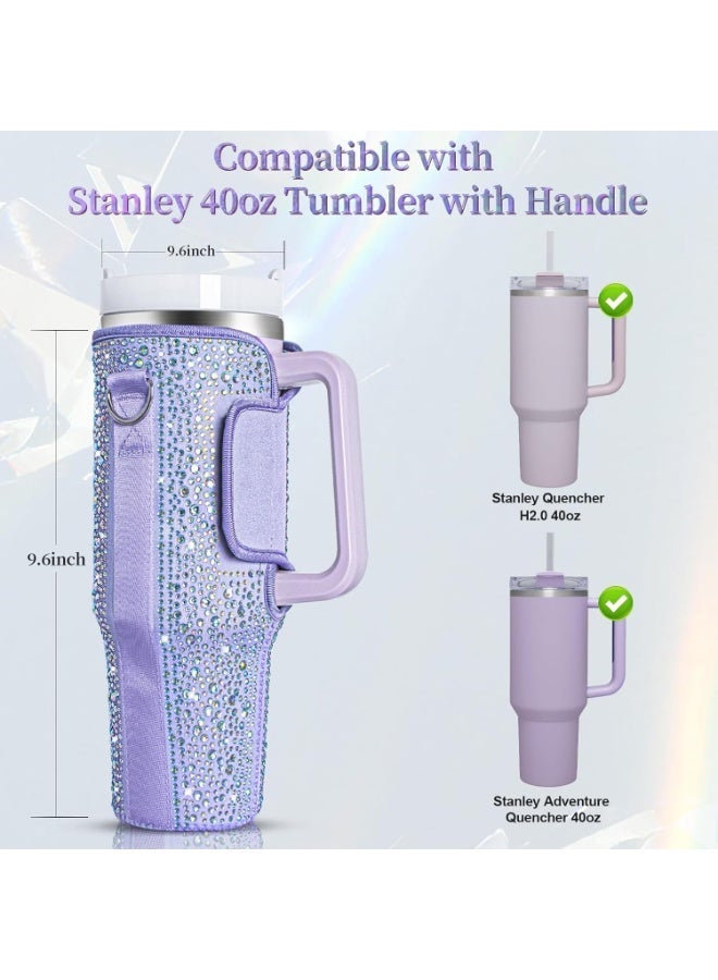 Bling Rhinestone Neoprene Water Bottle Carrier Bag, Adjustable Strap Protective Sleeve Compatible with 40oz Quencher Tumbler with Handle - Image 2
