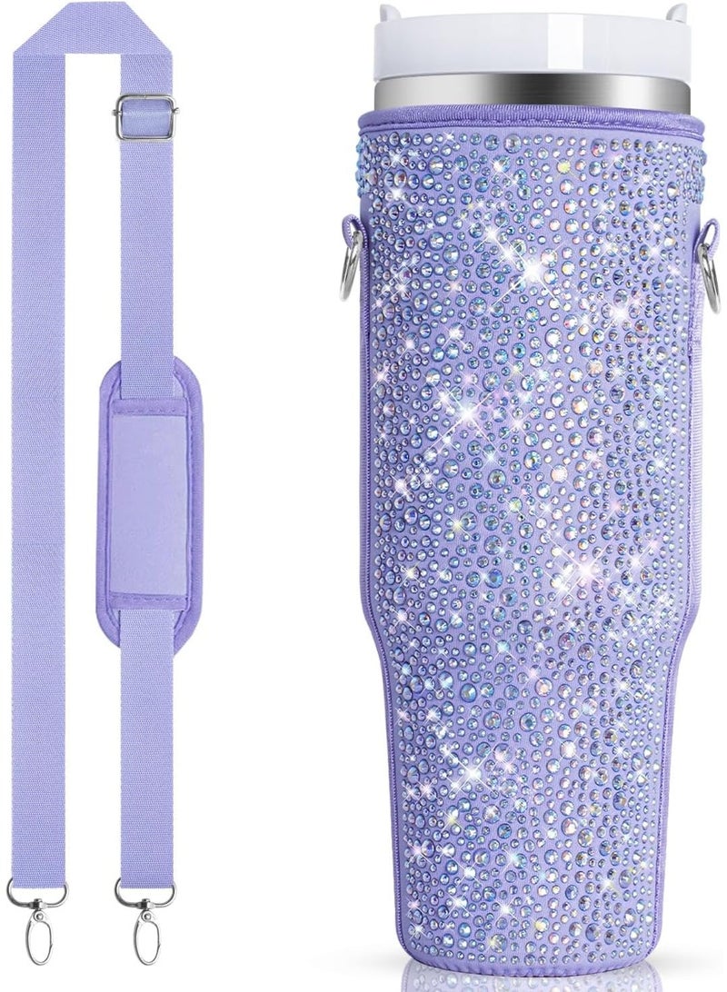 Bling Rhinestone Neoprene Water Bottle Carrier Bag, Adjustable Strap Protective Sleeve Compatible with 40oz Quencher Tumbler with Handle - Image 1