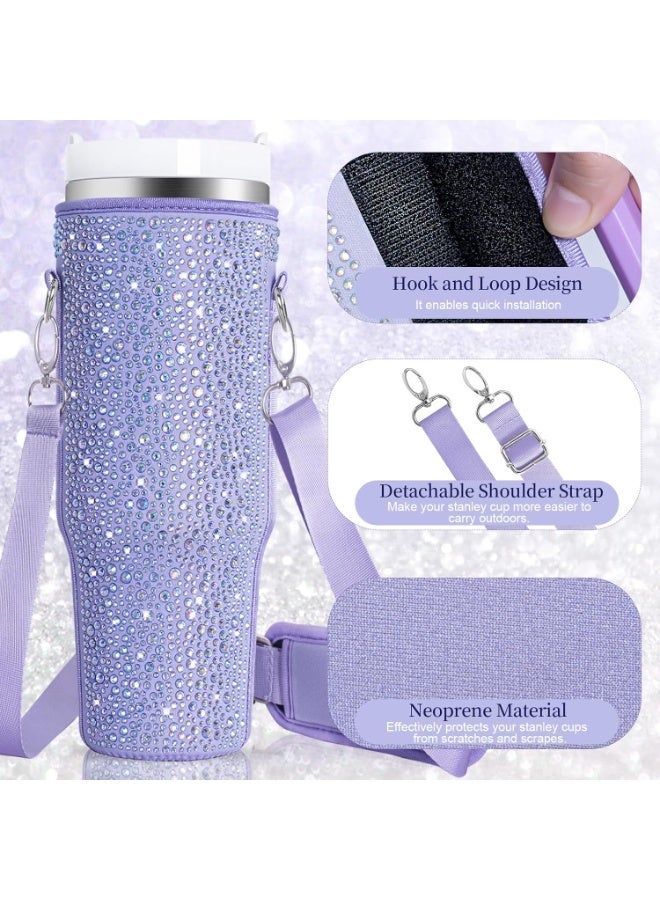 Bling Rhinestone Neoprene Water Bottle Carrier Bag, Adjustable Strap Protective Sleeve Compatible with 40oz Quencher Tumbler with Handle - Image 5