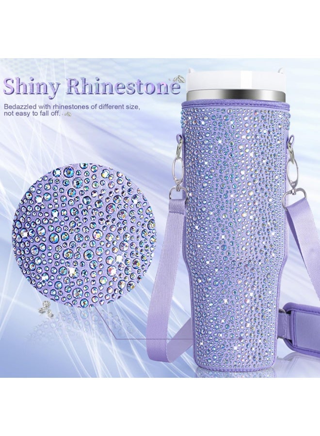 Bling Rhinestone Neoprene Water Bottle Carrier Bag, Adjustable Strap Protective Sleeve Compatible with 40oz Quencher Tumbler with Handle - Image 3