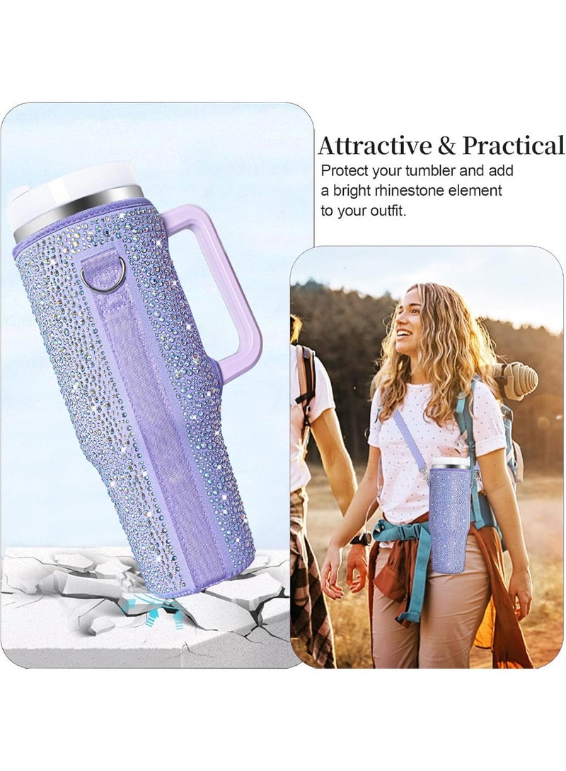 Bling Rhinestone Neoprene Water Bottle Carrier Bag, Adjustable Strap Protective Sleeve Compatible with 40oz Quencher Tumbler with Handle - Image 4