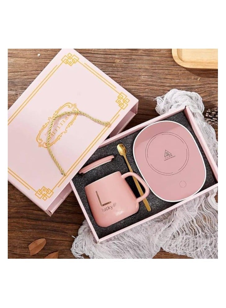 MISBAH Coffee Mug Warmer for Desk, Coffee Cup Warmer Electric Beverage for Keeping Cocoa Tea Water Milk Warm, Cup and Spoon (Pink) - Image 1