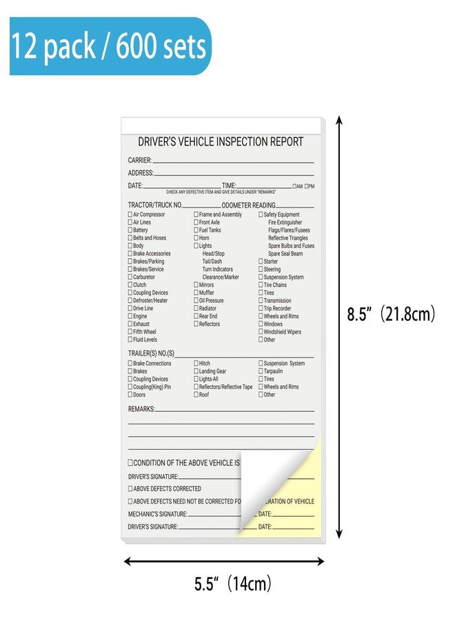 suituts 12 Pack Drivers Vehicle Inspection Report Book/Forms, 600 Sets - Image 2